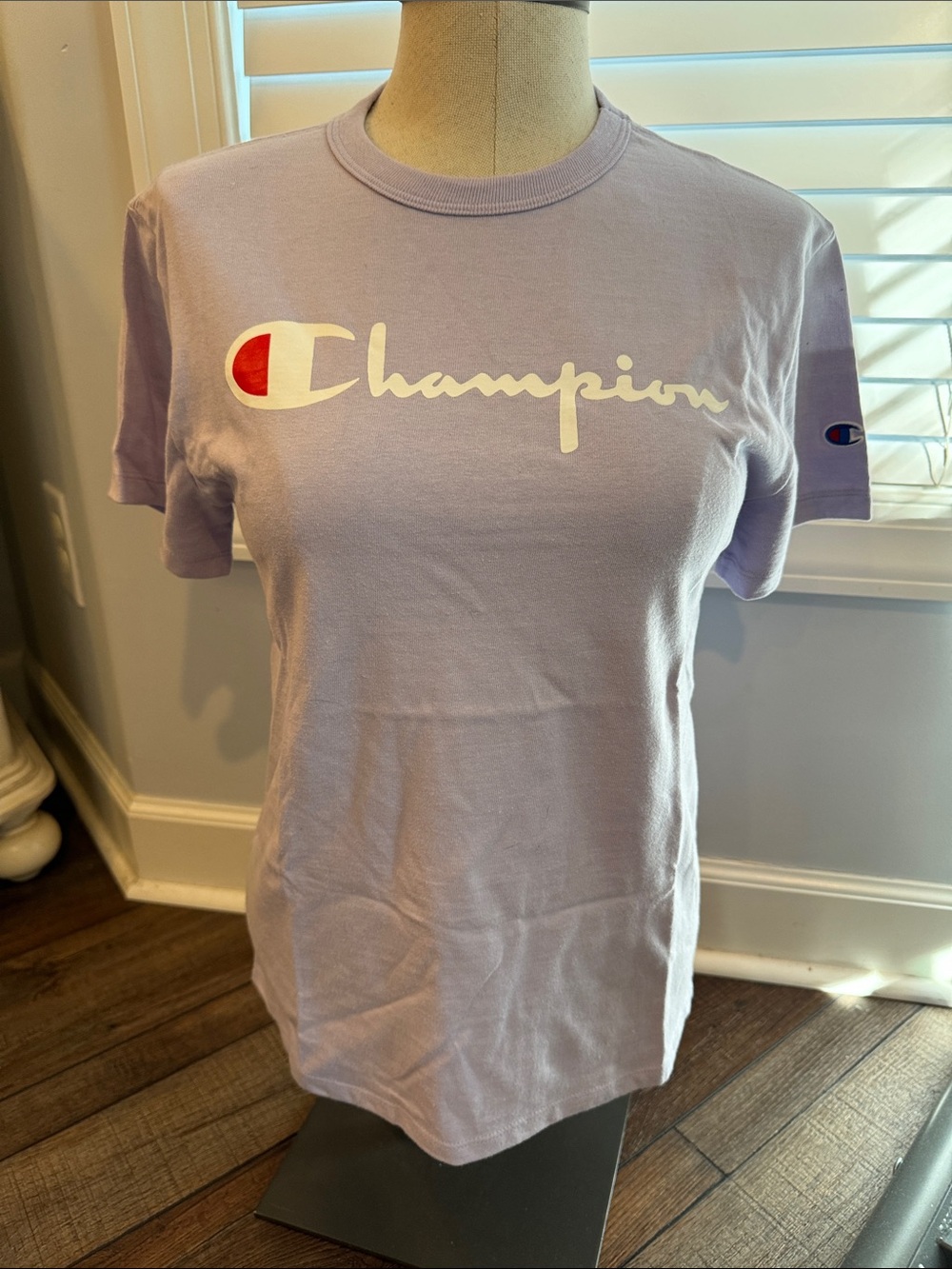 Champion Lavender Tee with White Script and Red Accent